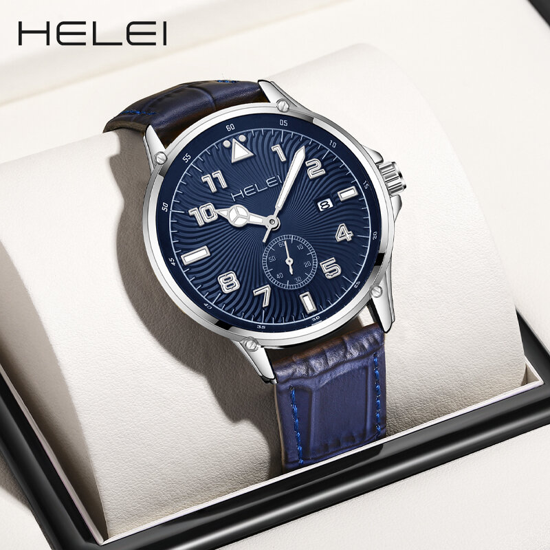 HELEI-Relógio de quartzo grande masculino, pulseira de couro, relógio esportivo clássico, moda criativa