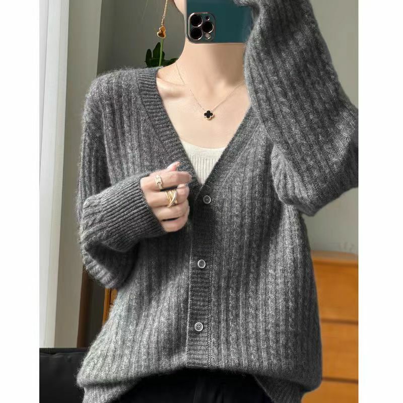 V-Neck 100% Pure Wool Cardigan Women's Long Sleeved Solid Color Cashmere Knitted Hollow Loose And Fashionable Knitted Top