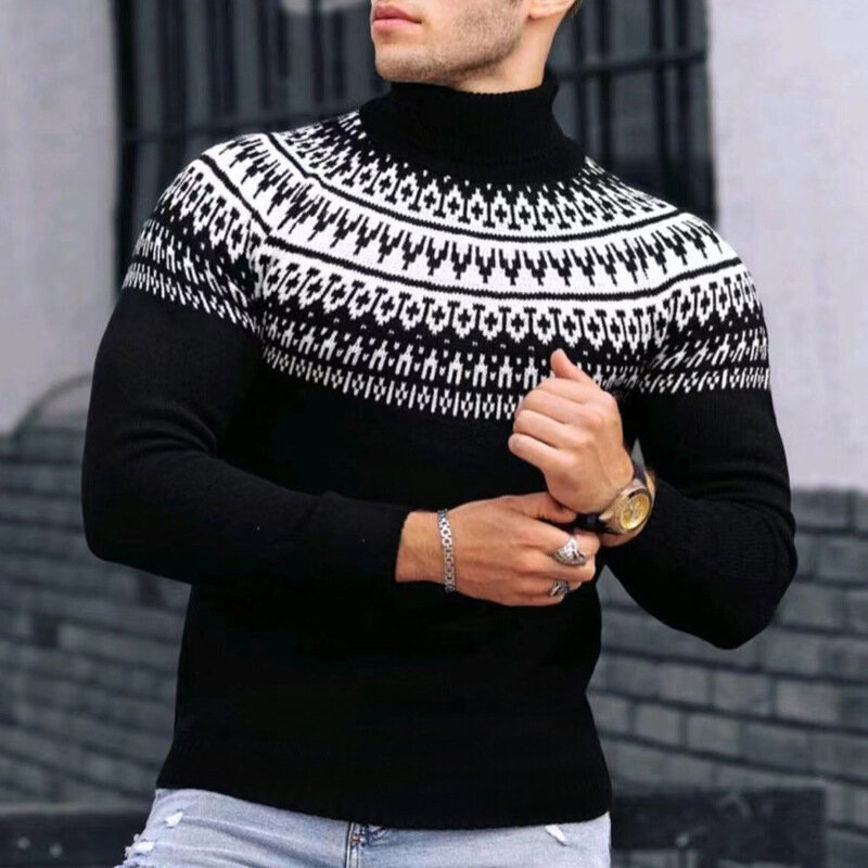 Slim Fit Rollkragen Pullover Männer Herbst Winter Vintage Muster Gedruckt Langarm Stricken Jumper Tops Für Herren Mode Pullover