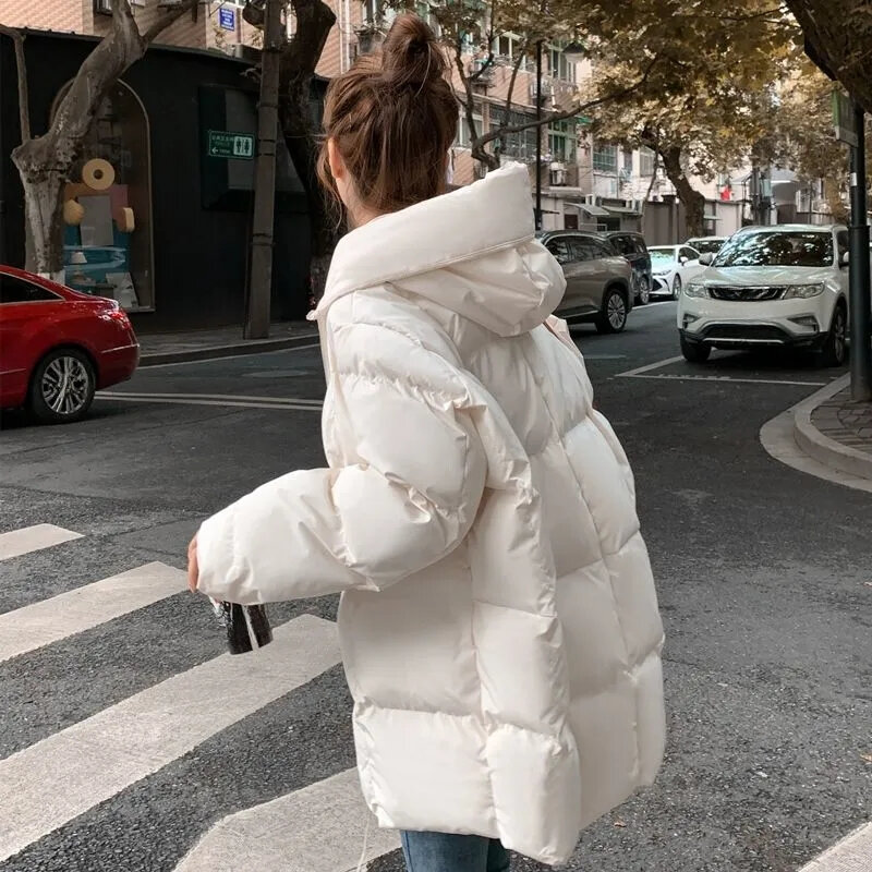 Neue Daunen Baumwolle Parka Winter jacken Frauen weißen Reiß verschluss koreanische lose Kapuze Blase Mäntel weibliche einfache Basic Outwear