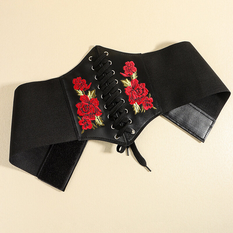 Fashion Sexy Corsets Rose Embroidered Wide Belts For Women Girls Solid Color PU Leather Slimming Body Fashion Elastic Waistband