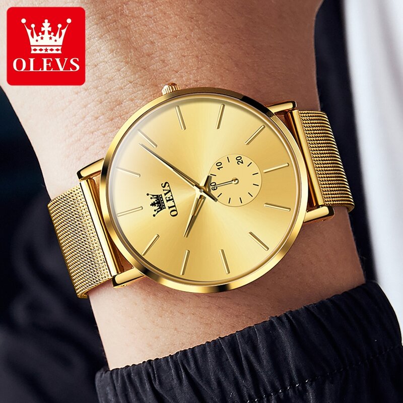 OLEVS jam tangan kuarsa emas pria, arloji merek Top mewah baja tahan karat tahan air Ultra tipis modis untuk pria