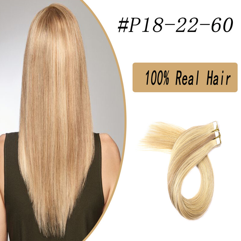 女性のための滑らかなヘアエクステンション,天然の人間の髪の毛100%,黒,茶色,灰色,18インチのテープ