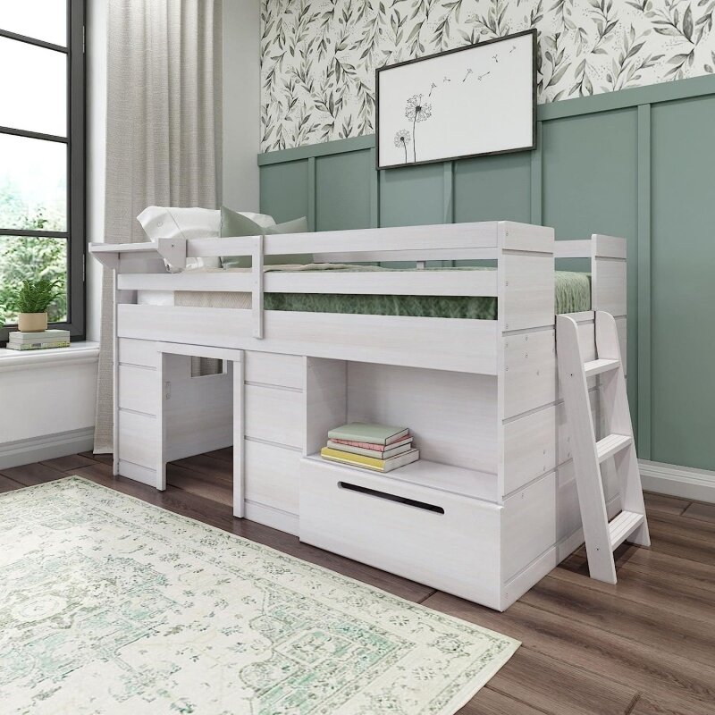 Кровать-Лофт Max & Lily двухместная, кровать-Лофт из массива дерева с ящиком для хранения и лестницей, Современная фермерская Лофт-кровать для детей, W