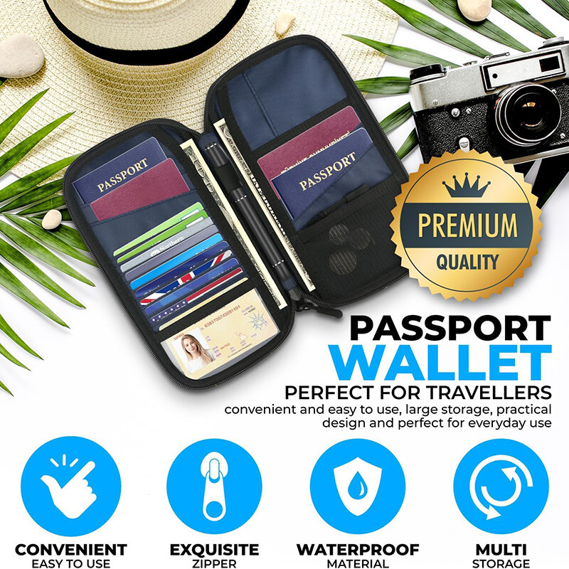 軽量パスポートカバー財布、チップ付きオックスフォードドキュメントオーガナイザーバッグ、取り外し可能なリストストラップ、家族の旅行バッグ、女性と男性