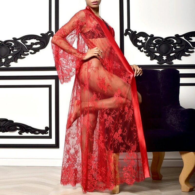 Bata de encaje transparente para mujer, lencería Sexy, Kimono liso con cinturón, camisón largo, bata de baño, 2023