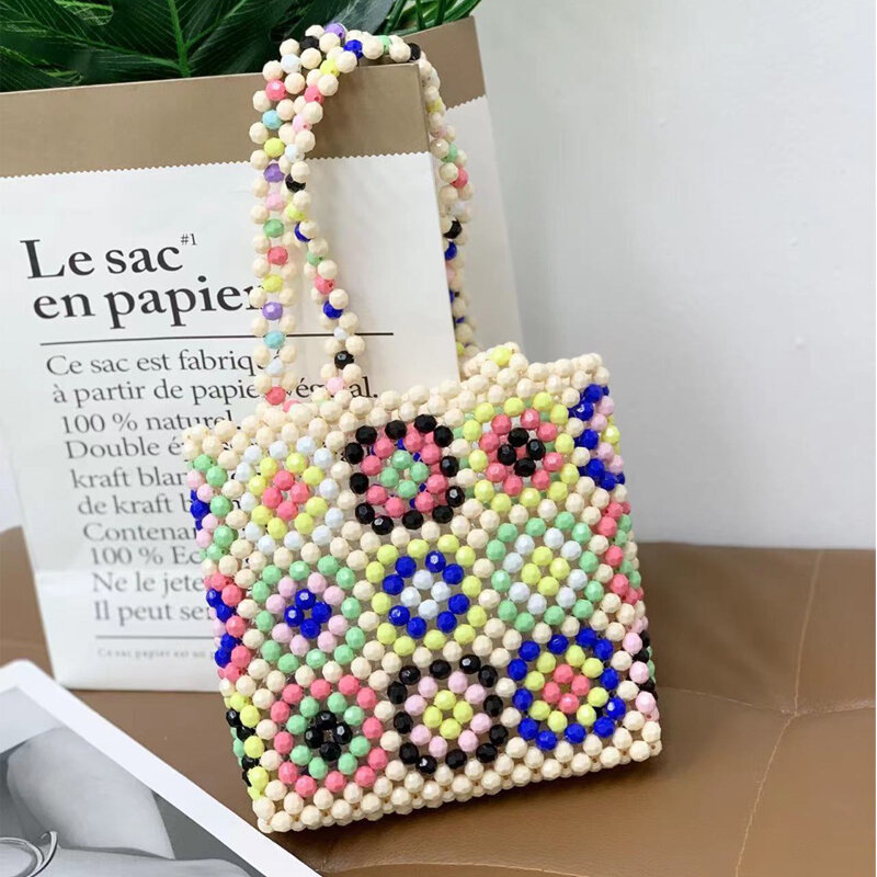 New Summer Colorful Bead Jelly Bag Purse Handmade Checkered Weave Handbags Large Handmade Pearl Acrylic Bag Designer Totes