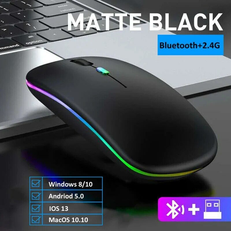 Ratón inalámbrico recargable con Bluetooth, dispositivo de 2,4 GHz, USB, RGB, 1600DPI, para ordenador, portátil, tableta, PC, Macbook, Gaming