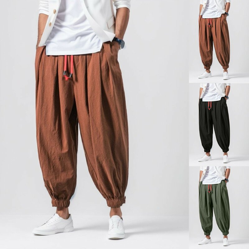 Wiosenne męskie luźne szarawary lniane spodnie dresowe z nadwagą wysokiej jakości Casual Oversize modne Casual szerokie spodnie męskie