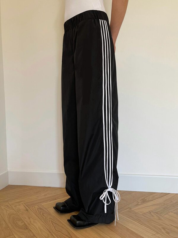 Combhasaki damskie Y2K w stylu Vintage, wiosenna letnia sportowa luźne długie spodnie elastyczna kokarda z niskim stanem wiązana spodnie do joggingu w paski