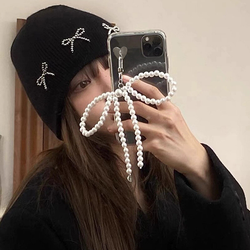 Ins coreano Simpe perla arco colgante Y2k teléfono cadena estética bolso colgante llaveros niñas Accesorios