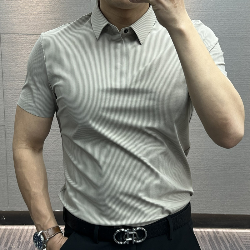 Мужская Тонкая воздухопроницаемая рубашка-поло, однотонная простая повседневная тонкая рубашка-поло составного кроя с пряжкой и отложным воротником, лето 2024