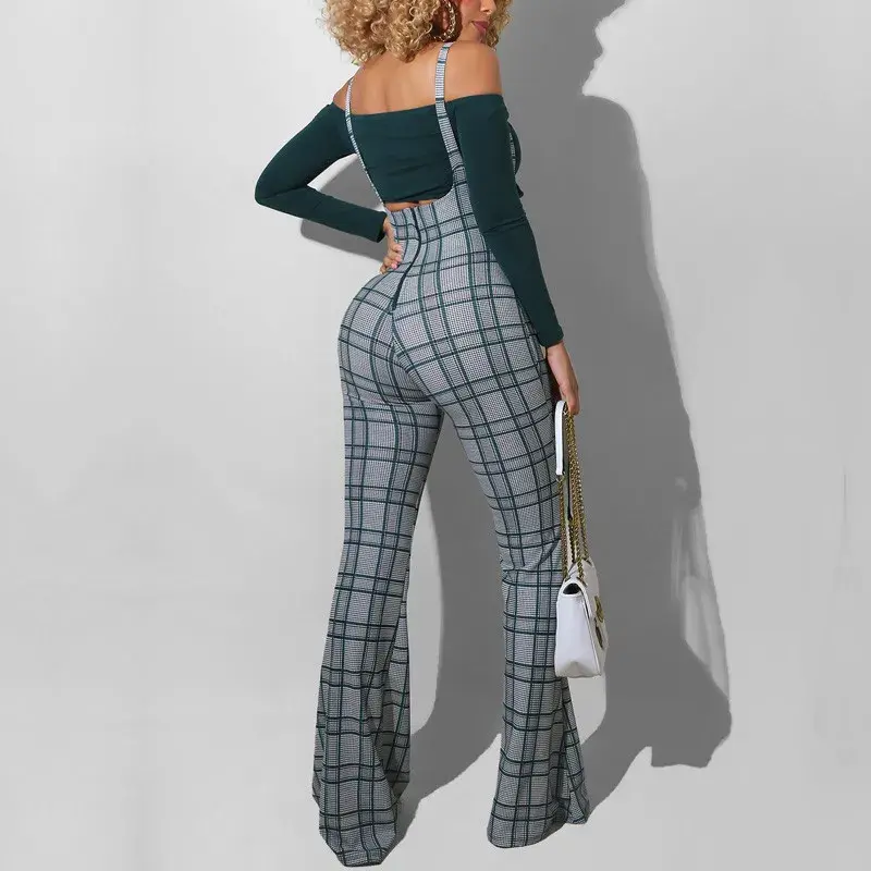 Tuta svasata moda autunno tuta scozzese stampata a vita alta da donna Party Club Plaid bretelle a gamba larga Bottoms 2023 nuovo