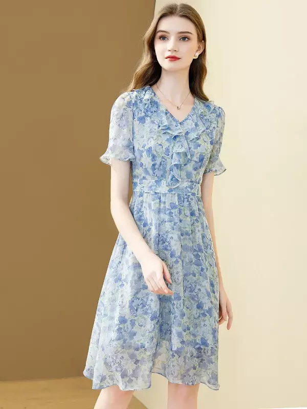 2024 nowa wiosna/lato moda francuska elegancka damska szyfonowa sukienka z dekoltem w szpic spódnica w kwiaty spódniczka z wysokim stanem temperamentu
