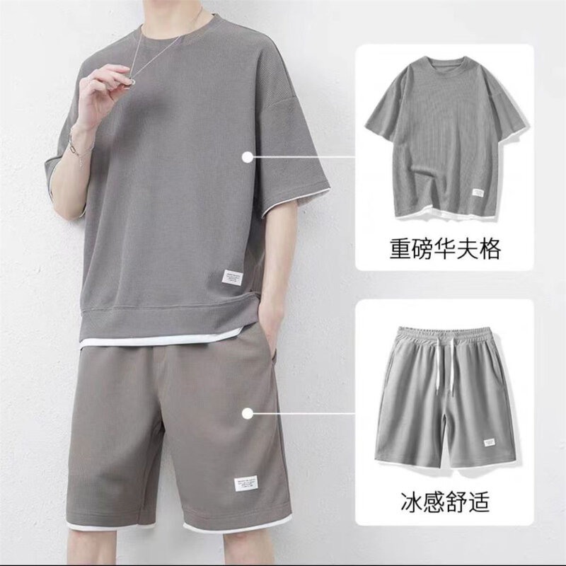 Clothing Summer Sports Suit For Men Comfortable Breathable Mesh Waffle Sets Fitness Tracksuit T-shirt+Shorts Two-Piece Set