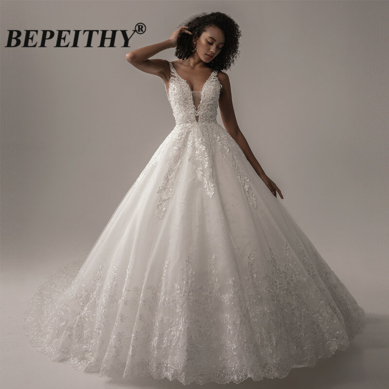 BEPEITHY 여성용 딥 브이넥 레이스 웨딩 드레스 2022, 인도 신부 공주, 아이보리 신부 부케 가운, 민소매 코트 트레인