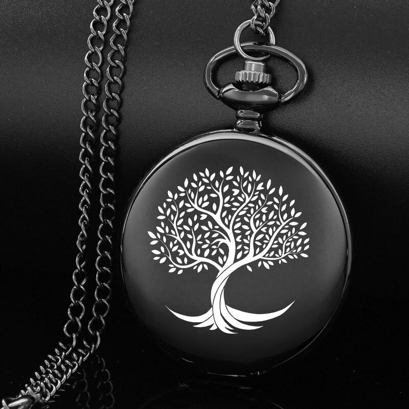 Rosnące drzewo rzeźbione w alfabecie angielskim zegarek kieszonkowy z łańcuszkiem czarny kwarc zegarek idealny prezent