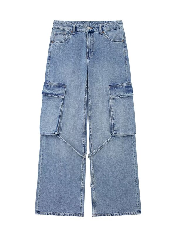 Jeans lavado de perna larga com bolso múltiplo para mulheres, moda americana retrô, macacão de rua, calça casual Harajuku Y2K até o chão