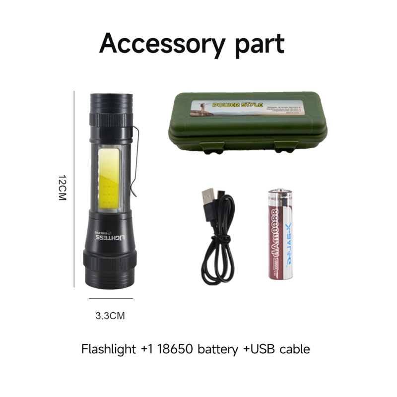 USB 충전식 LED 손전등, 강력한 P50 램프 비즈 사이드 라이트, 4 가지 모드 조명, 거리 방수 캠핑 손전등
