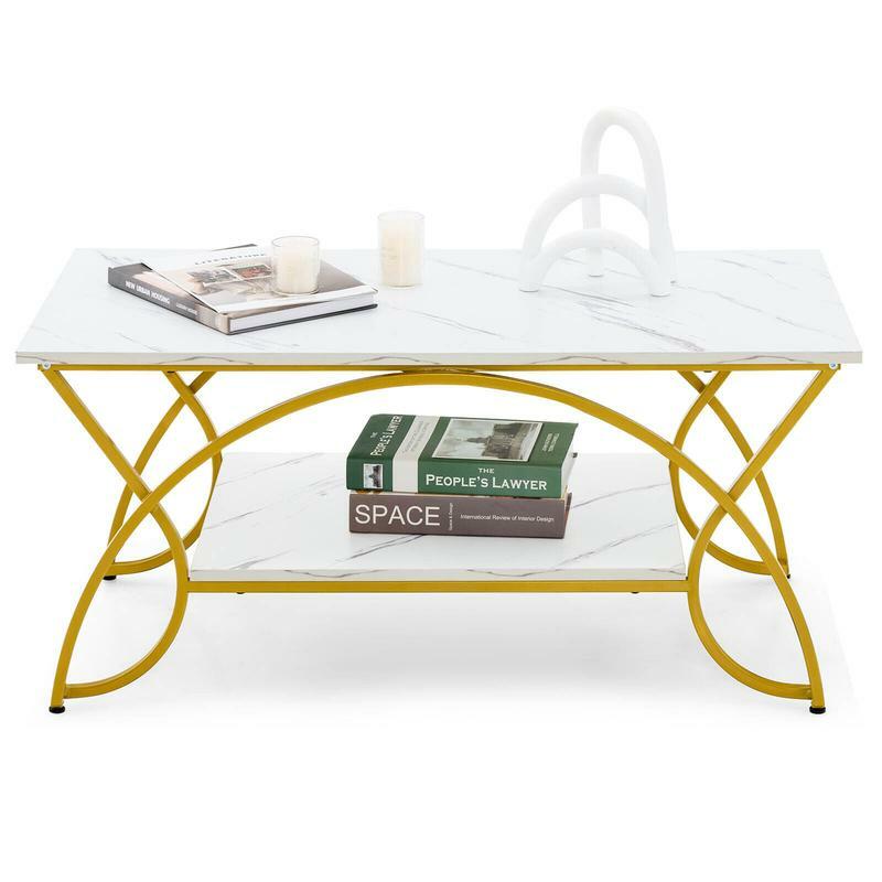 2-Tier Coffee Table Gold Rectangle for Living Room-Golden