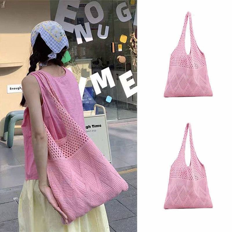 Casual Hollow Out Knitted Women Shoulder Bags Woolen Weave Large Capacity Tote Bag Summer Beach Bag Big Shopper Purses 2024