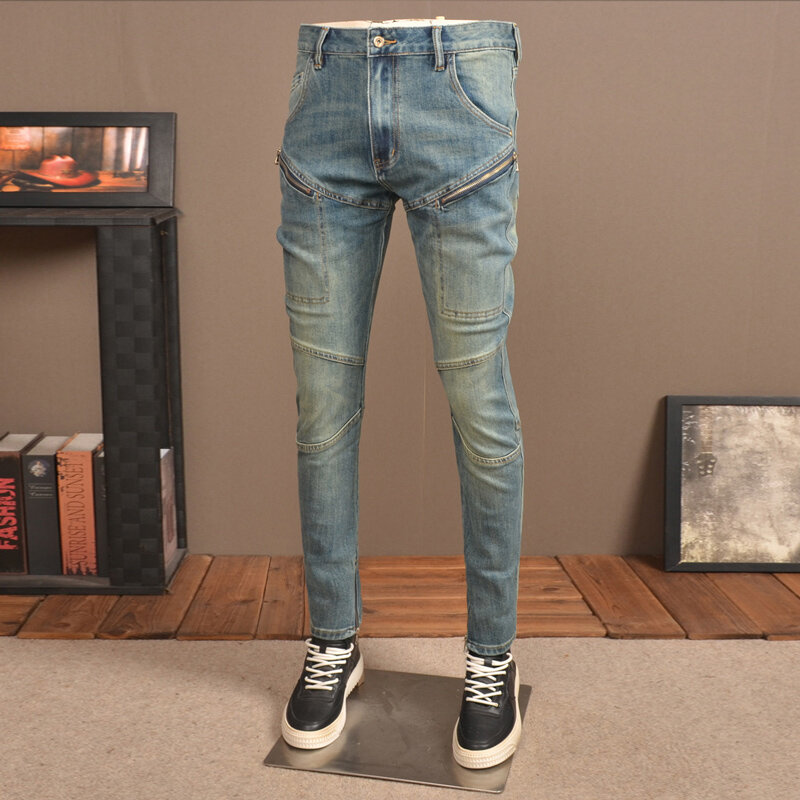 Jeans jeans azul lavado retrô masculino, calça de motociclista, ajuste magro, emendado, moda de rua, designer, hip hop, zíper