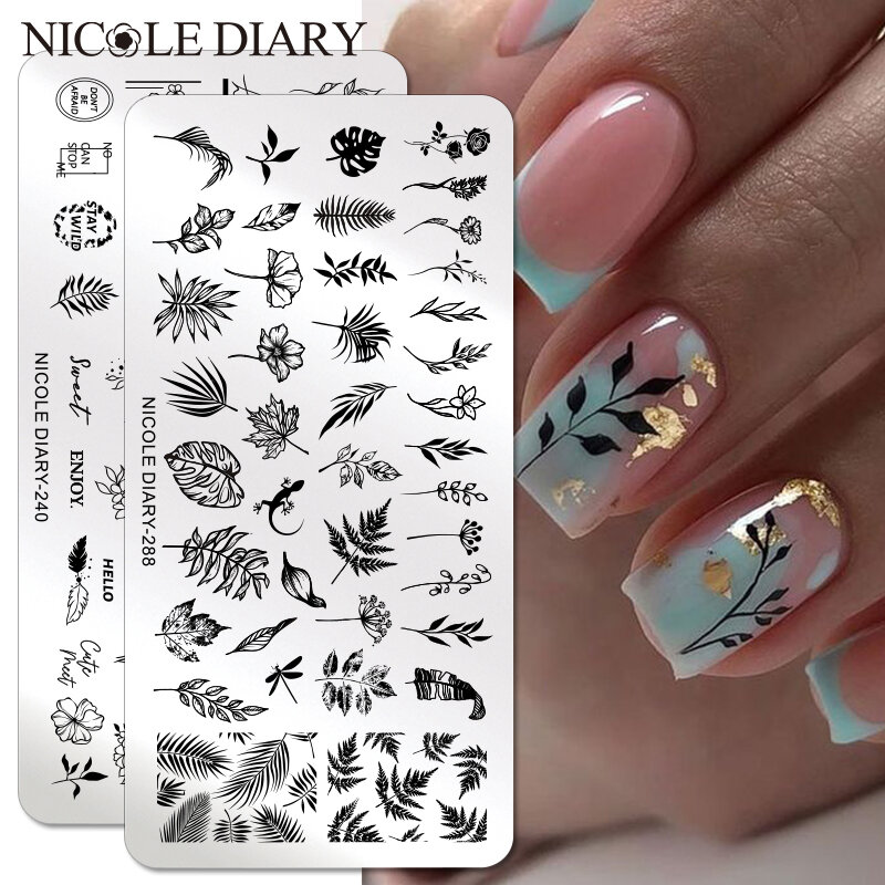 NICOLE DIARY Flower Leaves Nail Stamping Plates Leaf Floral Butterfly Line Printing Stencil Nail Stamp Templates Nail Art Tools