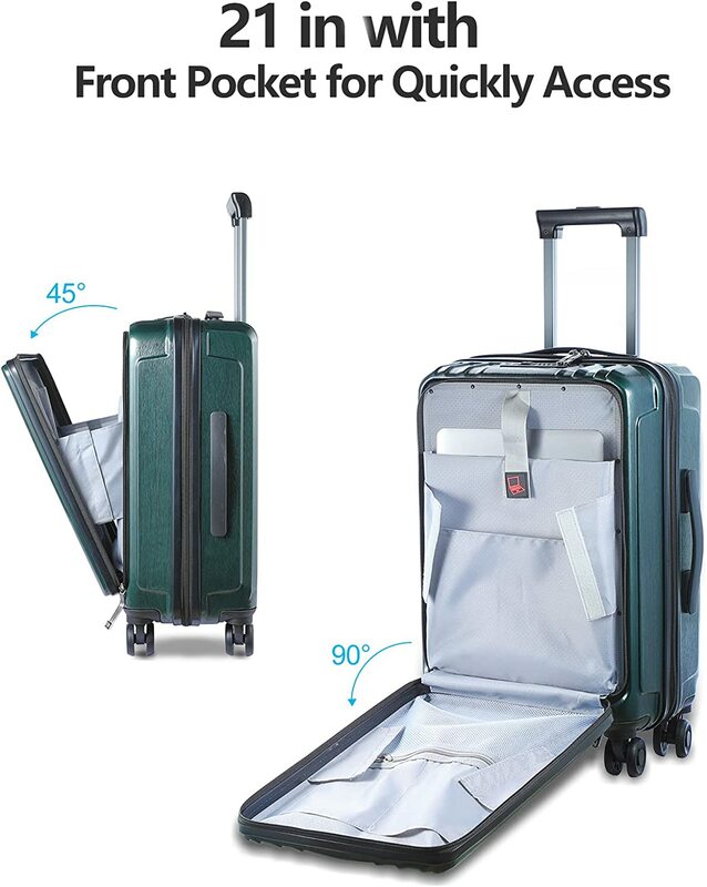 Ensemble de bagages avec poche avant pour ordinateur portable, extensible, ABS, PC, valise rigide légère, roues tournantes, serrure TSA, vert, 2 pièces, 21/28