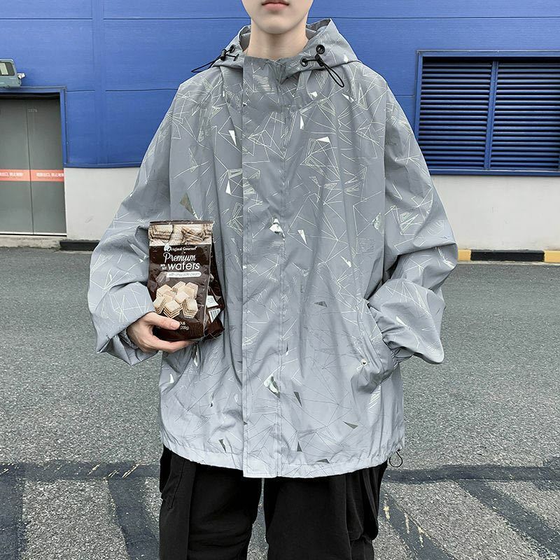 Ветровка Светоотражающая для мужчин и женщин, водонепроницаемая куртка в стиле Хай-стрит, Свободное пальто с капюшоном в стиле хип-хоп, весна-осень 2023