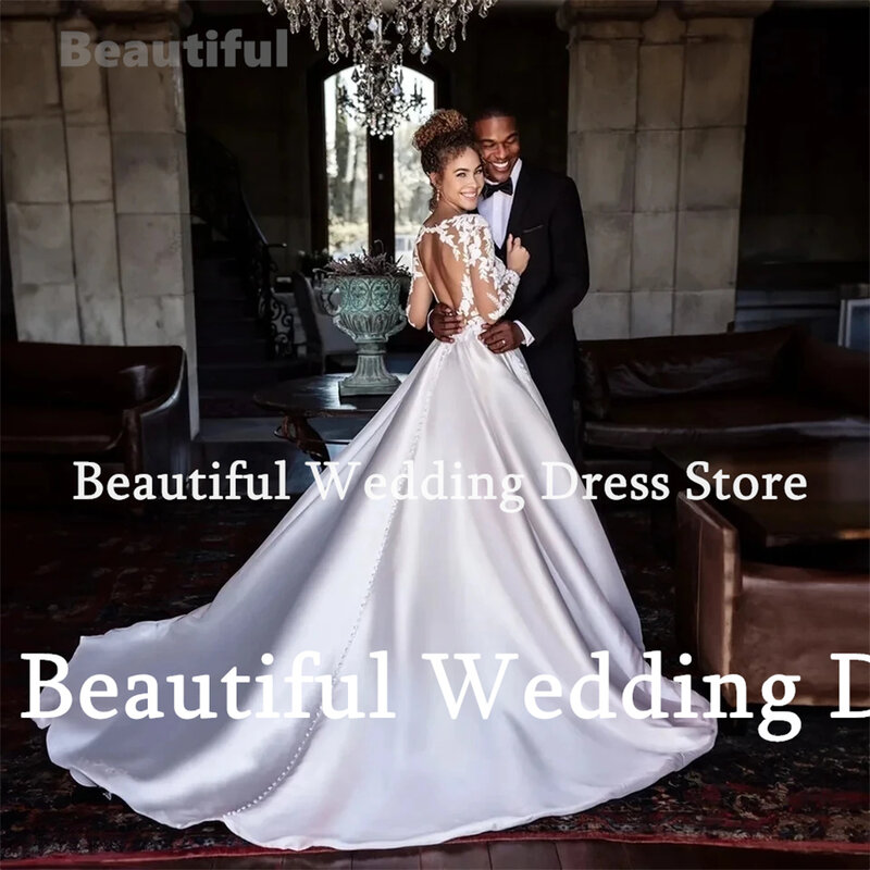Eleganckie suknie ślubne damskie z dekoltem w serek długie rękawy koronkowe aplikacje o linii satynowe westidos 2024 suknia weselna