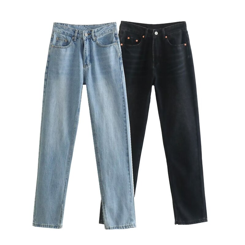 Jeans vintage de cintura alta feminina com bolsos laterais, calça reta fina, calça jeans feminina, design chique, bainhas divididas, nova moda