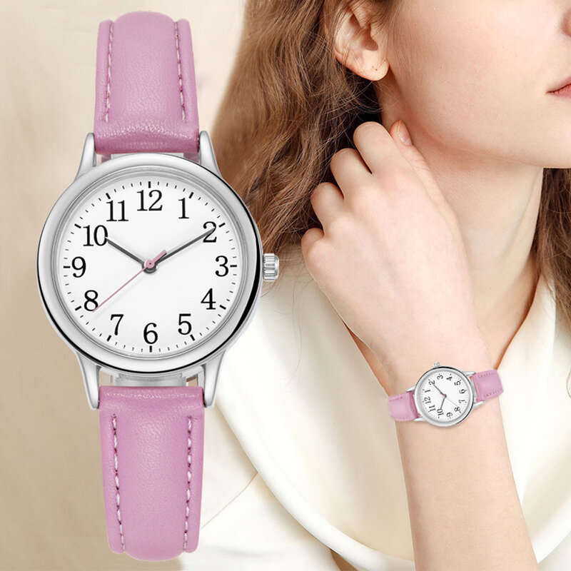 Mulheres Japão Movimento Quartz Watch, fácil de ler, algarismos arábicos, mostrador simples, pulseira de couro PU, Lady Candy Color