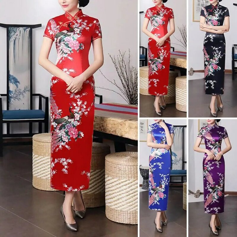 Vestido cheongsam com estampa floral estilo nacional chinês para mulheres, lado alto dividido, nó de verão