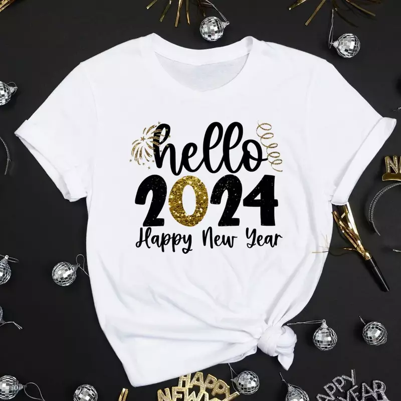 女性用半袖Tシャツ,純綿,トップ,ストリートウェア,新年のパーティーウェア,フェミニンな衣装,冬の休暇用Tシャツ,hello 2024