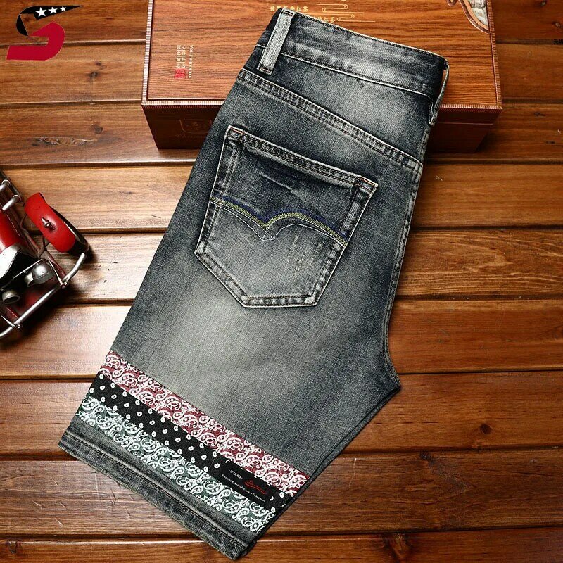Haftowane spodenki jeansowe z nadrukiem moda męska retro slim stretch męskie letnie spodenki rozrywkowe