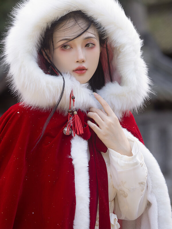 Hanfu jubah bertudung bergaya Cina untuk wanita, pakaian Tahun Baru penghangat Super abadi mewah payet gaya baru musim dingin