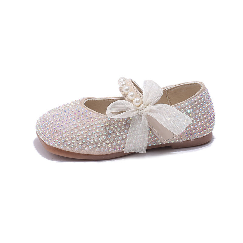 Zapatos de cuero con cabeza cuadrada y diamantes de imitación para niños, zapatillas pequeñas de perlas, zapatos de princesa con lazo, novedad de primavera, 2024
