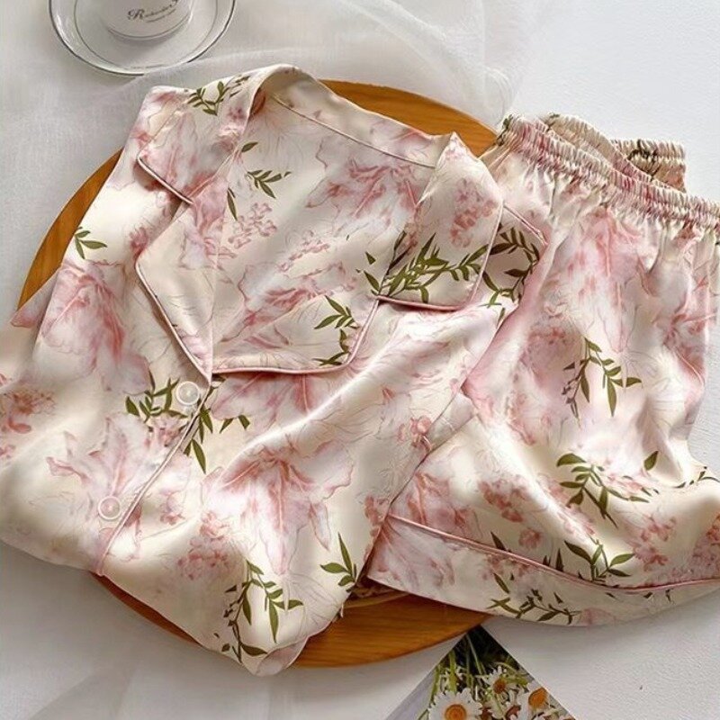 New Pajamas Women's Summer Thin Loungewear Ice Silk Short Sleeve Sleepwear Set Sweet Fragmented Flower Girls V-neck Homewear