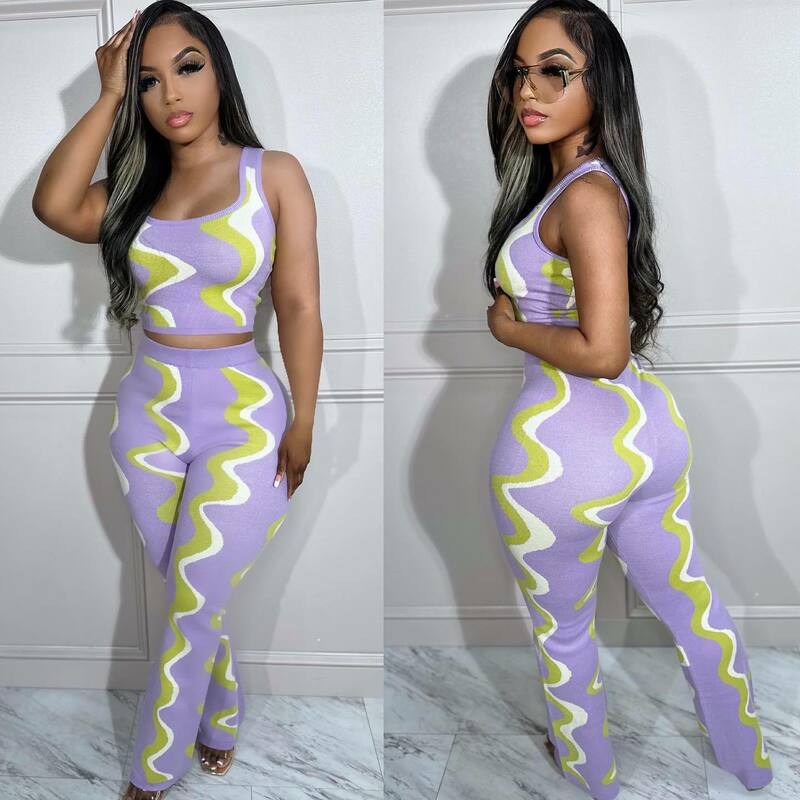 Y5248 Summer European and American Fashion Women's Sexy Sleeveless Positioning Digital Printing Pit Stripe Two Piece Set