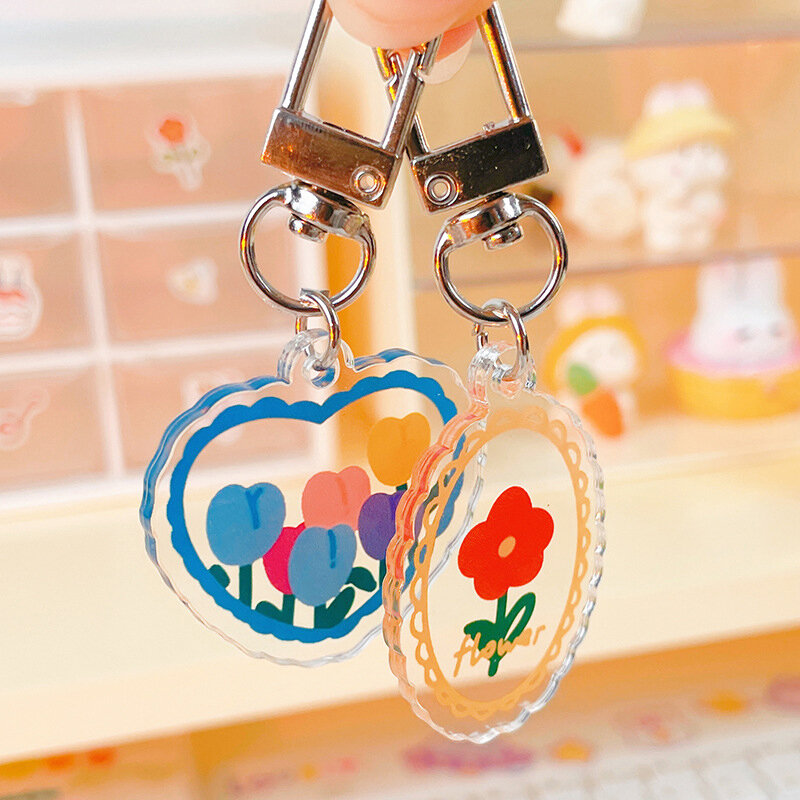 New Fashion Sweet Tulip Keychain Cute Acrylic Love Heart Flower Pendant Keychains Bag Accessories Creativity Girls Trinket Gifts