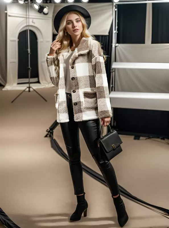 Herbst und Winter Damen Polo Kragen Plaid Kontrast Knopf Tasche Beflockung Langarm Cardigan Mantel Mode Casual Tops