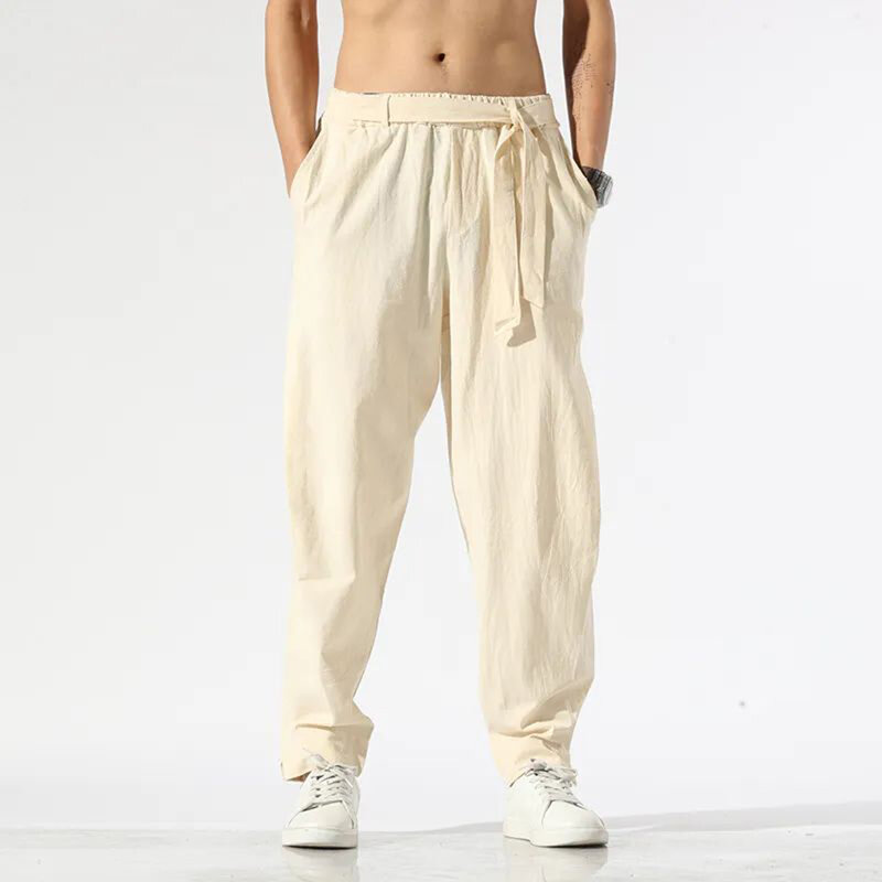 Homens algodão linho jogger harem calças plus size masculino solto sólido casual elástico na cintura fita hip hop esportes confortáveis respirável