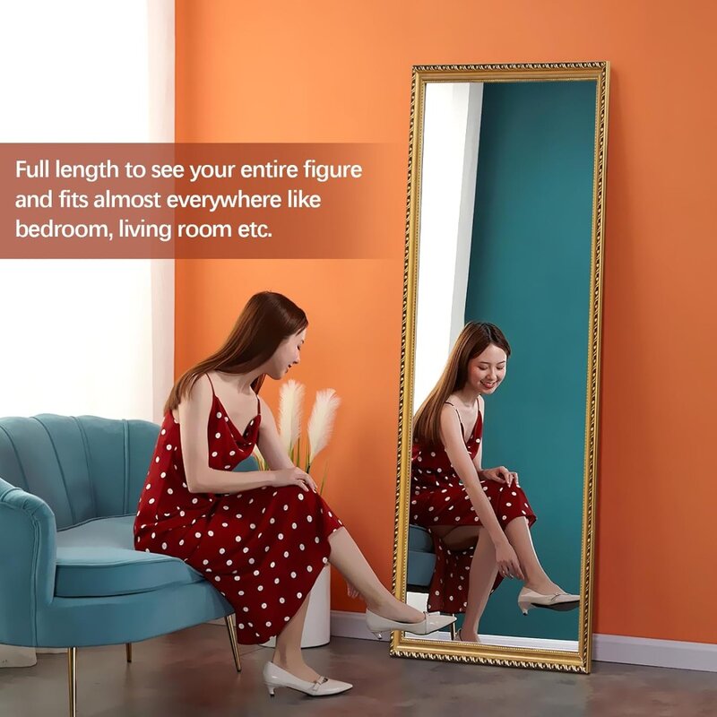 Espejo de longitud completa con soporte, espejo de suelo de madera maciza de 65 "x 22", espejo de cuerpo completo Vintage con soporte, inclinado contra la pared, dorado