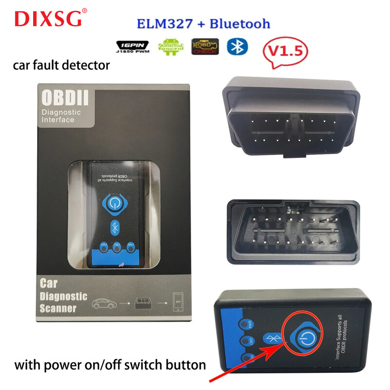 Nowy ELM327 V1.5 Bluetooth OBD2 interfejs automatyczny czytnik kodów Mini 327 przycisk przełącznika zasilania OBDII wiąz 327 skaner diagnostyczny