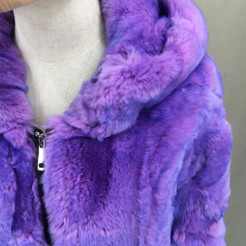 Mantel bulu kelinci Rex asli alami dengan tudung wanita kasual musim gugur musim dingin berbulu hangat ungu oranye biru pakaian luar
