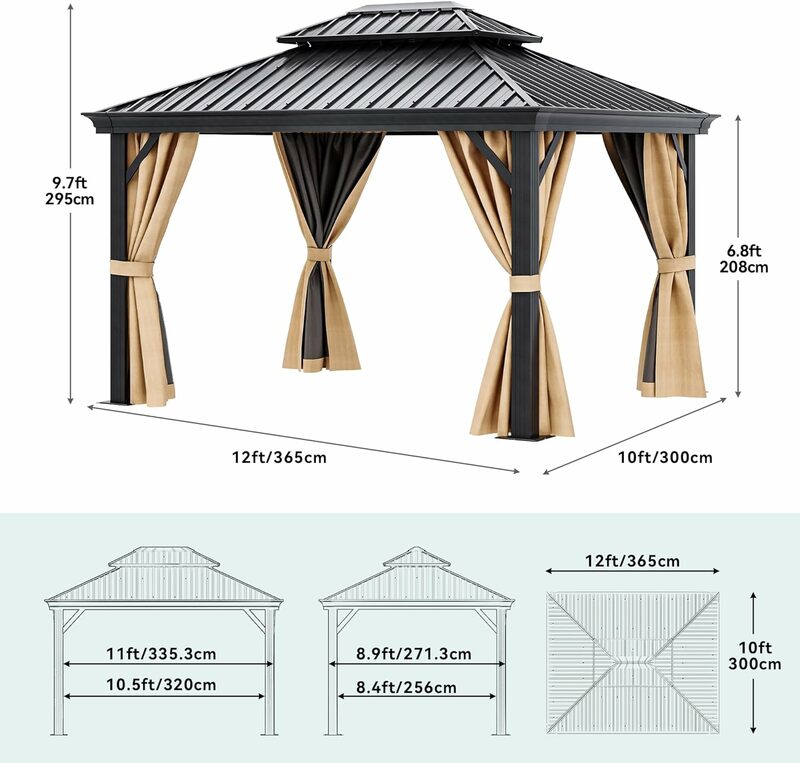 Gazebo telhado duplo Hardtop com redes e cortinas, aço galvanizado resistente, listras verticais ao ar livre, 10x1 0/12ft