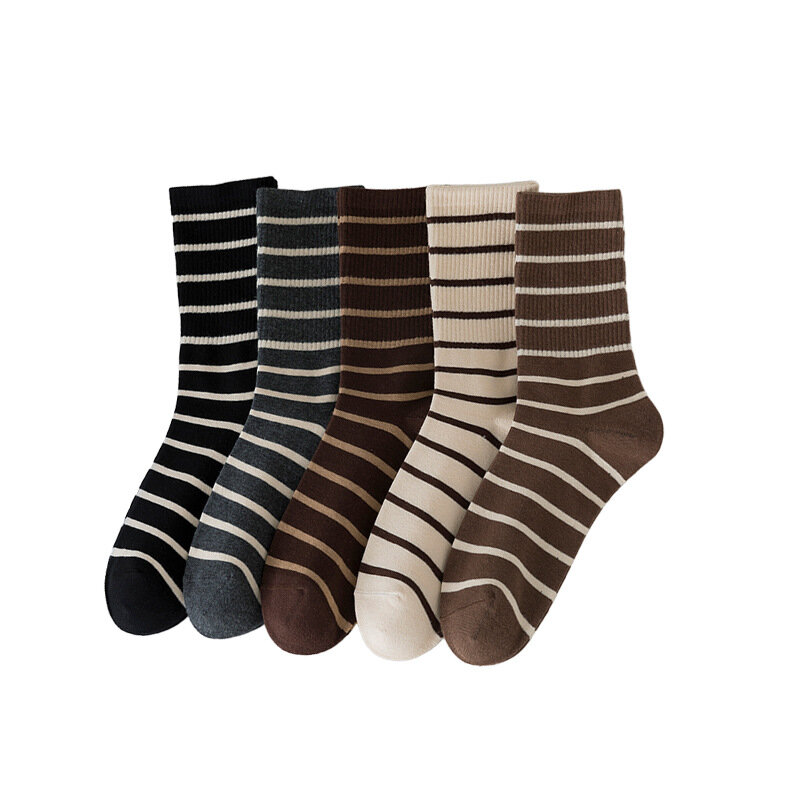 5Pairs Striped Socks Women'S Mid-Tube Socks High Elastic Long Stockings Spring And Autumn Trendy Versatile Student Socks