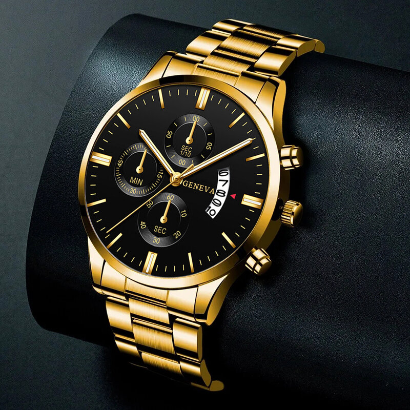 男性用ステンレススチール腕時計,クォーツ時計,ゴールドブレスレット,ネックレス,ビジネス時計,カジュアルファッション,3個セット