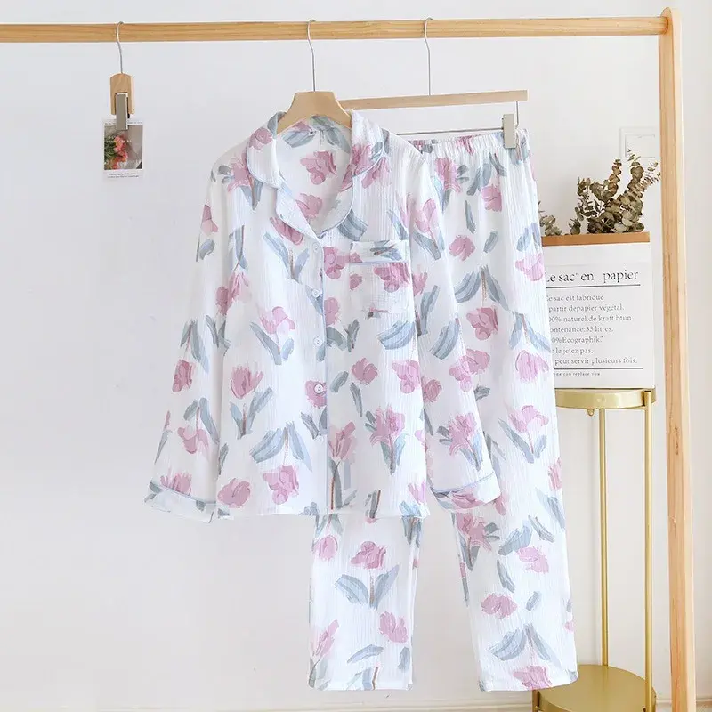 Conjunto de pijama tulipas feminino, pijamas de outono, calças de manga comprida, conjuntos cardigan plus size, botão noturno, 2 peças