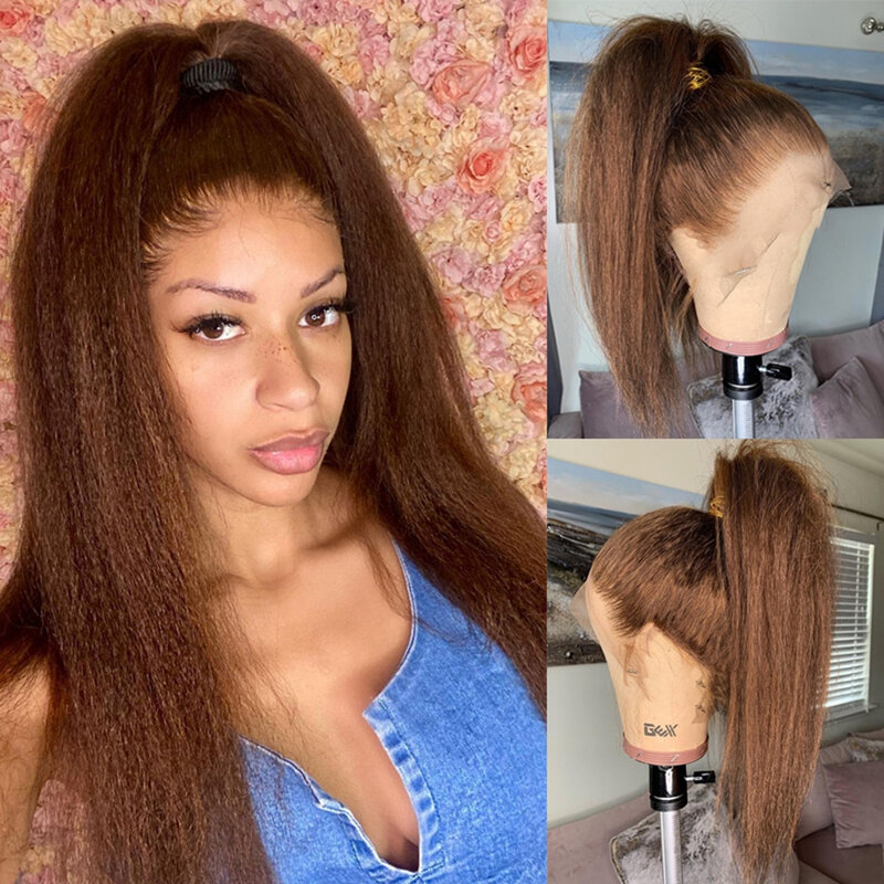 Kinky Straight Yaki Soft 26“Long Blonde 180Density Lace Front Wig For Black Women BabyHair Glueless Preplucked Heat Resistant